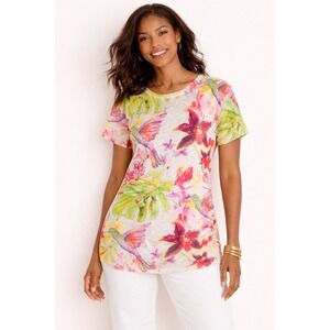 Lineah Womens Tropical Hummingbird Floral Knit Short Sleeve Top OS Multi Color